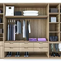 Modern Wooden Wardrobe Design With Hanging Clothes Drawers Folded Clothes Bags And Shoes