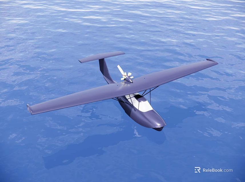 Seaplane Flying Above Blue Water Surface With Smooth Waves And Sky 3d model 
