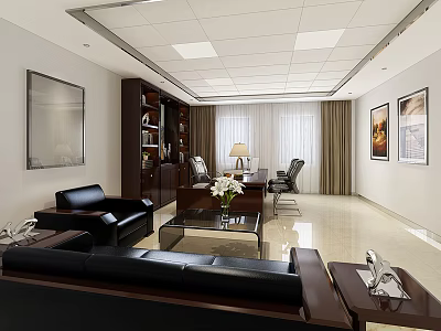 Modern Office Interior Design With Leather Sofa Wooden Desk Bookshelf And Windows 3d model