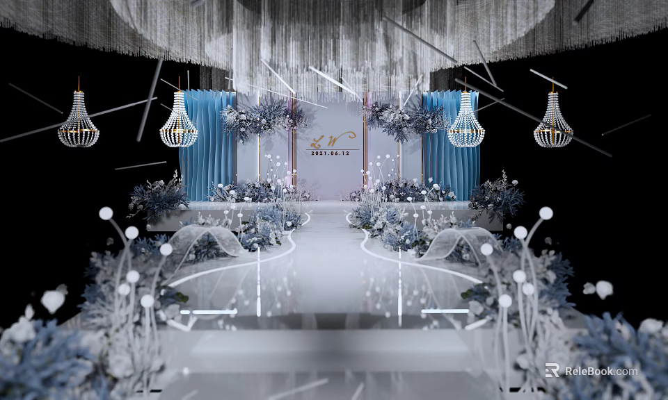 Elegant Banquet Hall Interior With Crystal Chandeliers Blue Curtains Floral Decor And White Stage 3d model 