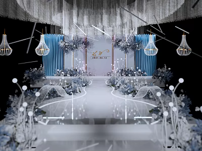 Elegant Banquet Hall Interior With Crystal Chandeliers Blue Curtains Floral Decor And White Stage 3d model