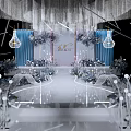 Elegant Banquet Hall Interior With Crystal Chandeliers Blue Curtains Floral Decor And White Stage
