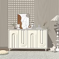 White Modern Console Table with Decorative Doors Ornaments Floor Lamp and Rug by Wooden Wall