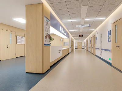 Hospital Outpatient Clinic Corridor Interior With Reception Counter Wooden Panels Information Displays And Lighting 3d model