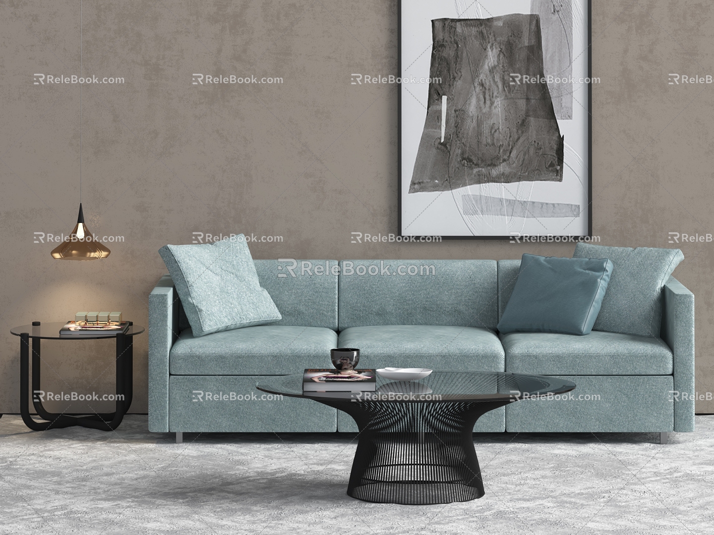 Modern Three-Seat Sofa Nordic Three-Seat Sofa Coffee Table Side Table Small Chandelier 3d model