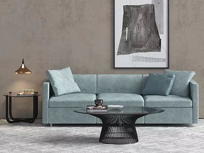 Light Blue Three Seater Sofa With Throw Pillows Side Table Lamp And Glass Coffee Table 3d model