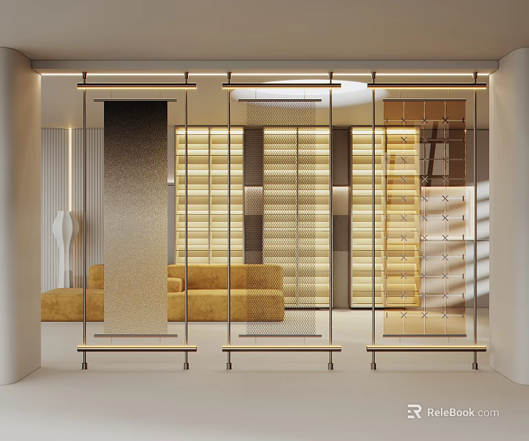 Modern Luxury Room Divider with Glass Panels and Metal Frame in Interior with Sofa 3d model 