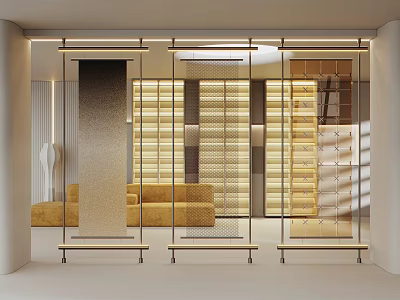 Modern Luxury Room Divider with Glass Panels and Metal Frame in Interior with Sofa 3d model