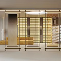Modern Luxury Room Divider with Glass Panels and Metal Frame in Interior with Sofa