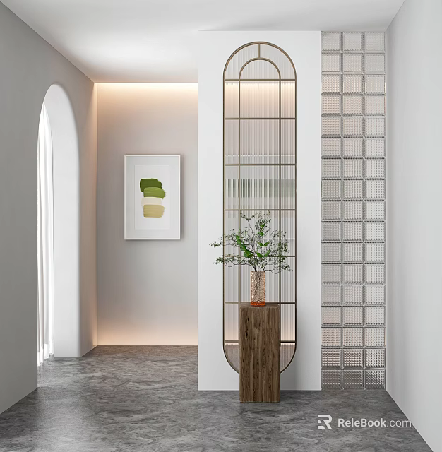 Modern Arched Partition Design With Wooden Base Green Plant And Decorative Painting 3d model 