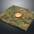 3D Natural Landscape Model Featuring Circular Crater And Green Mountain Terrain