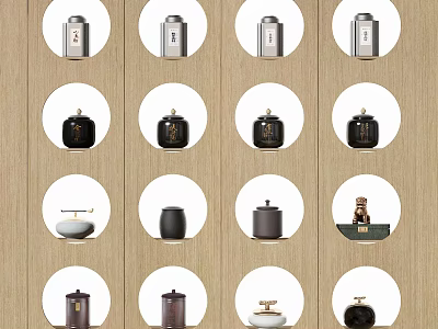Stylish Decorative Ornament Set With Metal Ceramic Jars And Sculptures On Wooden Background 3d model