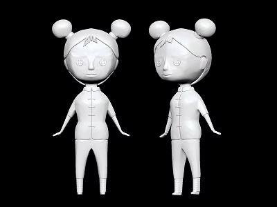 White Chinese Style Dolls With Bun Hairstyle And Traditional Clothing On Black Background 3d model
