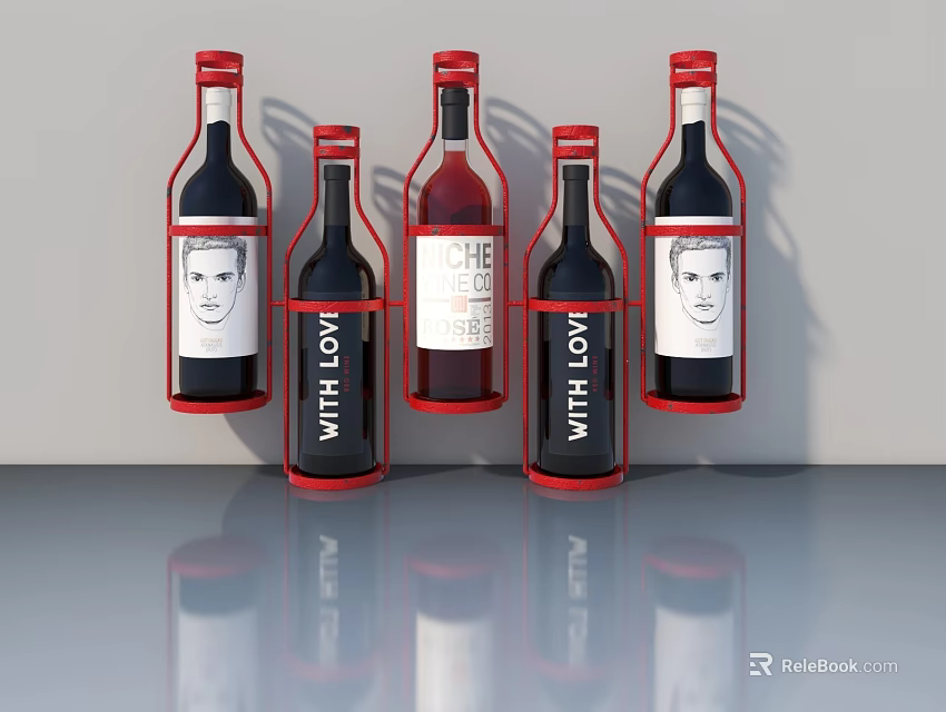 Red Wine Bottles With Red Frames And WITH LOVE Labels On Gray Countertop 3d model 
