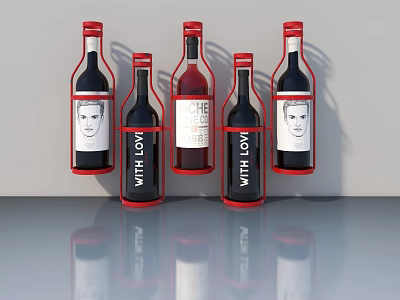 Red Wine Bottles With Red Frames And WITH LOVE Labels On Gray Countertop 3d model