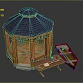 Octagonal Wooden Gazebo With Blue Tile Roof Small Boat Model And Wooden Table