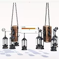 Vintage Wooden And Metal Chandeliers With Decorative Lanterns And Hanging Chains