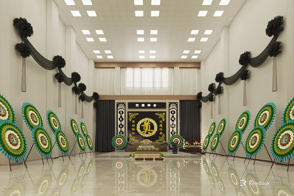 Solemn Mourning Hall Setup With Green Wreaths Black Drapes And Yellow Emblem Altar 3d model 