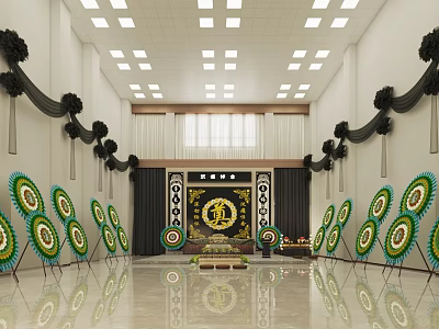 Solemn Mourning Hall Setup With Green Wreaths Black Drapes And Yellow Emblem Altar 3d model