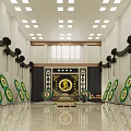 Solemn Mourning Hall Setup With Green Wreaths Black Drapes And Yellow Emblem Altar