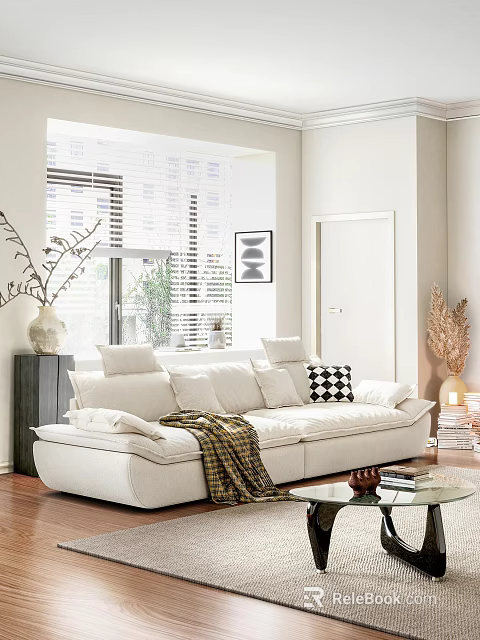 White Three Seater Sofa with Plush Pillows Knitted Blanket in Living Room with Window Blinds 3d model 