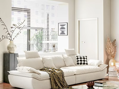 White Three Seater Sofa with Plush Pillows Knitted Blanket in Living Room with Window Blinds 3d model