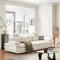 White Three Seater Sofa with Plush Pillows Knitted Blanket in Living Room with Window Blinds