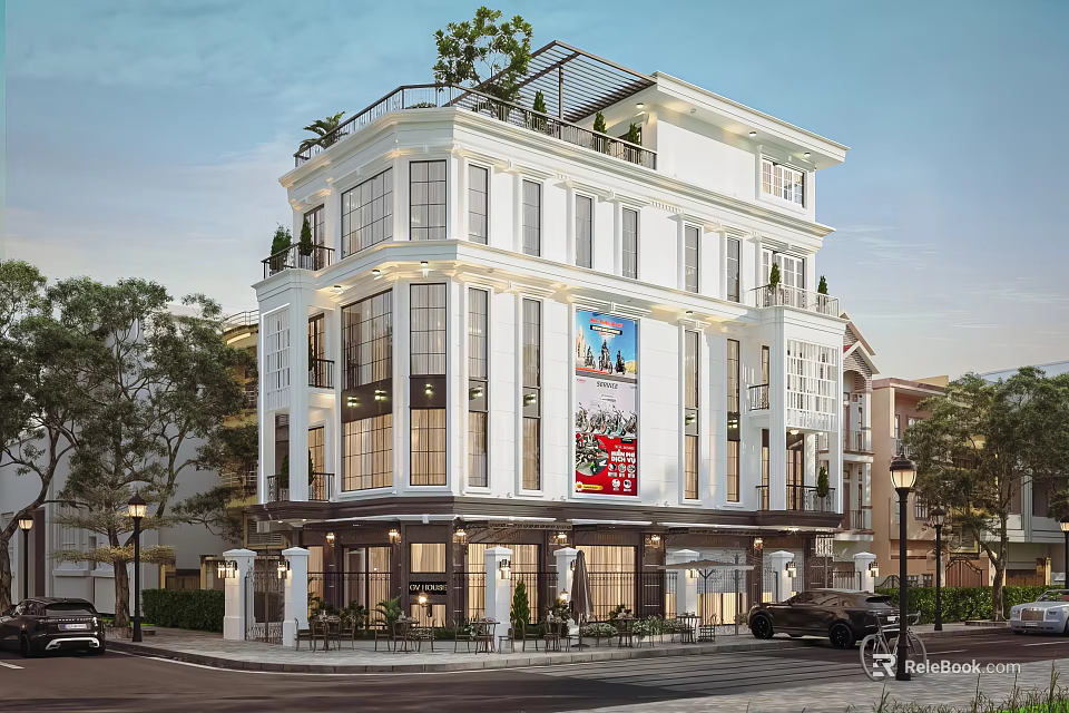 White Three Story Detached Villa With Balconies Greenery Large Windows Front Porch And Trees 3d model 