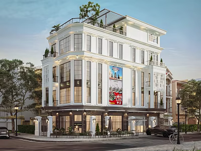 White Three Story Detached Villa With Balconies Greenery Large Windows Front Porch And Trees 3d model