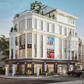 White Three Story Detached Villa With Balconies Greenery Large Windows Front Porch And Trees