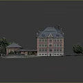 Cartoon Scene Of Red Brick Building With Gray Roof Multiple Windows Green Trees And Annex Building
