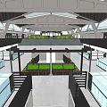 Modern Commercial Complex With Glass Skylight Roof Green Spaces Walkways Entrance Steps And Seating Areas