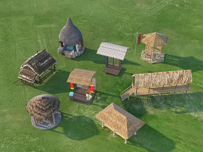 Multiple Thatch Roof Gazebos In Various Styles On Green Grassland 3d model