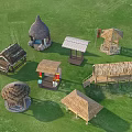 Multiple Thatch Roof Gazebos In Various Styles On Green Grassland