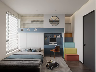 Modern Kids Bedroom Design With Bed Colorful Drawers Desk Chair 3d model
