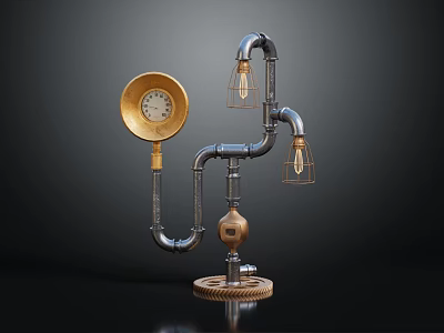 Steampunk Industrial Table Lamp With Metal Pipe Structure Vintage Bulbs And Gear Base 3d model