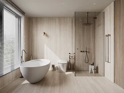 Modern Bathroom Interior With Freestanding Bathtub Glass Shower Toilet Light Wood Tiles And Window Blinds 3d model