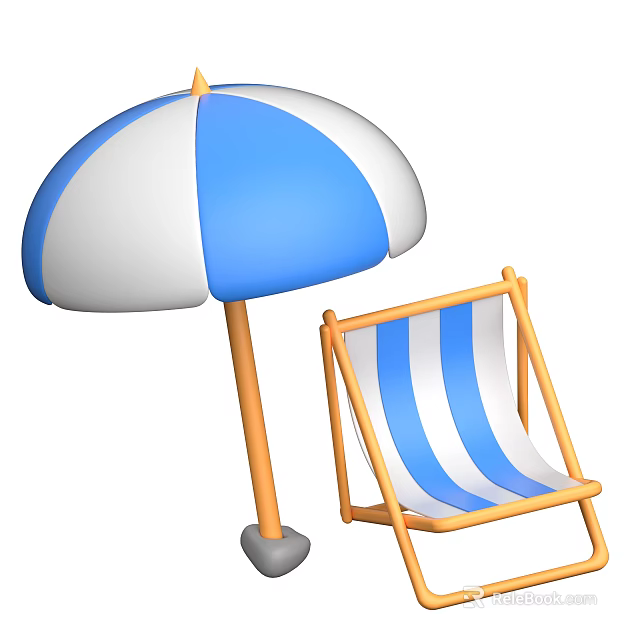 Blue and White Striped Umbrella with Matching Deck Chair for Outdoor Use 3d model 