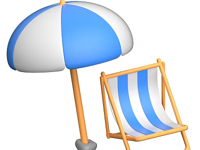 Blue and White Striped Umbrella with Matching Deck Chair for Outdoor Use 3d model