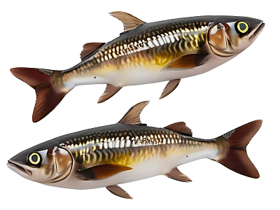 Two Golden Brown Aquatic Fish With Striped Bodies And Yellow Eyes 3d model