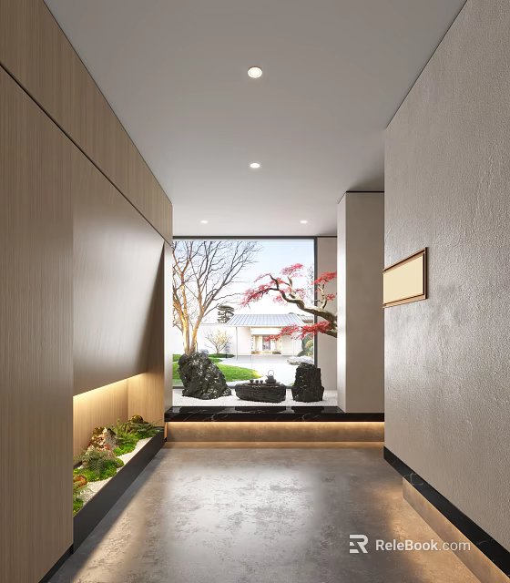 Serene Indoor Corridor Landscape With Wooden Walls Red Maple Tree Stone Features And Embedded Lighting 3d model 