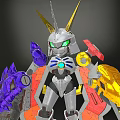 Mecha Character With Golden Horns Green Eyes Purple Arm Golden Sword And Hammer