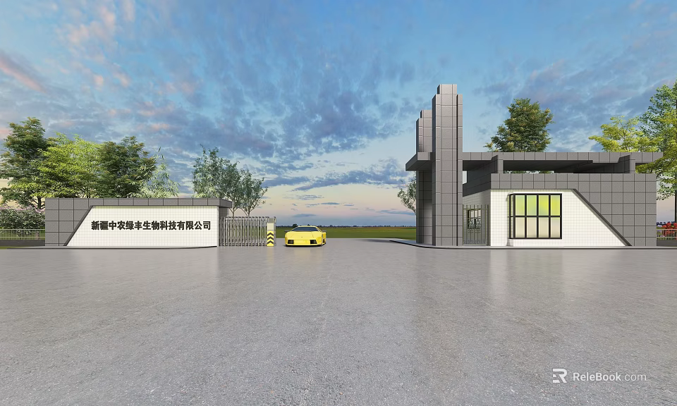 Modern Corporate Main Gate With Company Sign And Yellow Car 3d model 