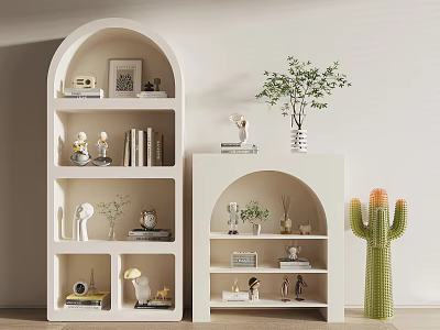 Stylish White Arched Decorative Cabinets With Books Decorations Green Plants And Cactus 3d model