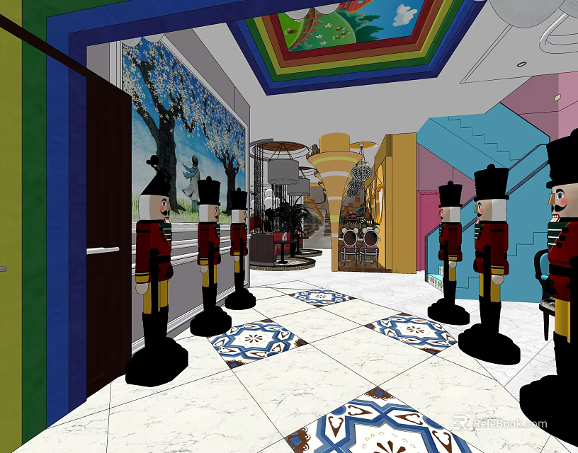 Colorful Restaurant Interior Design Featuring Toy Soldier Statues Rainbow Ceiling And Patterned Floor Tiles 3d model