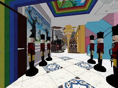 Colorful Restaurant Interior Design Featuring Toy Soldier Statues Rainbow Ceiling And Patterned Floor Tiles 3d model