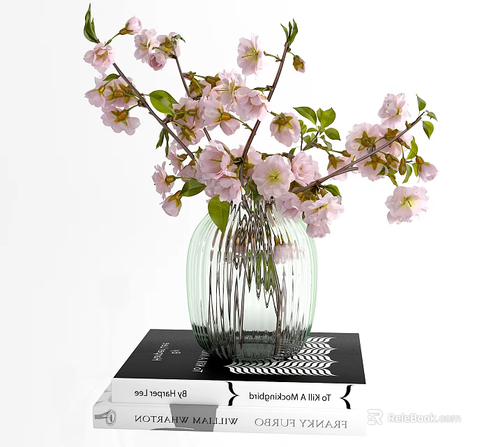 Pink Cherry Blossoms In Transparent Glass Vase With Vertical Stripes On Books 3d model 