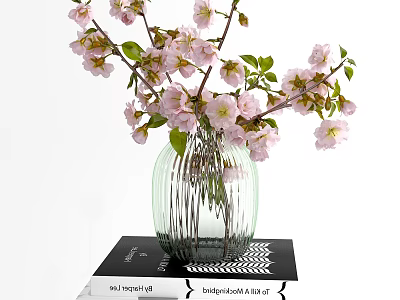 Pink Cherry Blossoms In Transparent Glass Vase With Vertical Stripes On Books 3d model