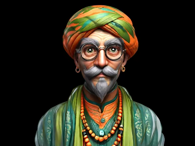 Game And Movie Character With Colorful Turban Glasses Beard Green Robe And Orange Beaded Necklace 3d model