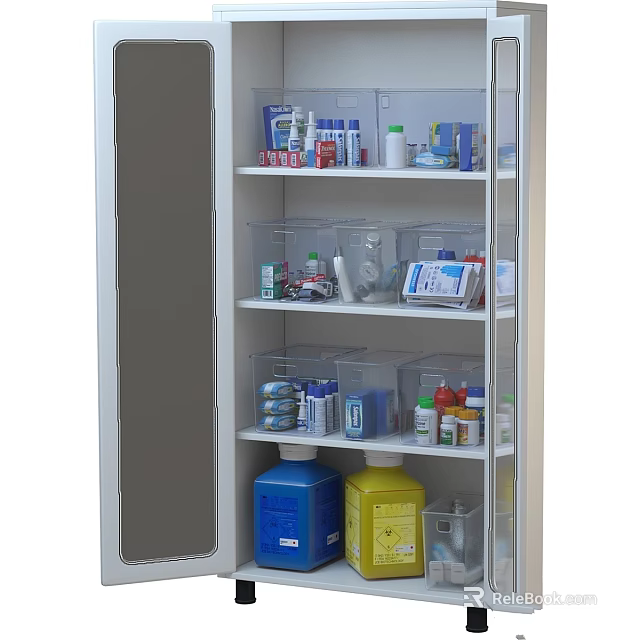 Decorative Medicine Cabinet Storage Set With Multi Layer Shelves And Plastic Bottles Containers 3d model 